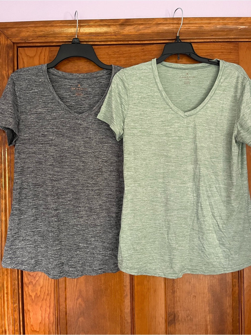 (2) Danskin V-Neck Tee Duo in Heather Gray and Light Green